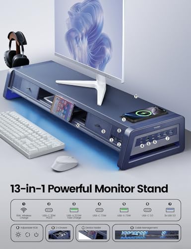 Image of Vaydeer All-in-One Dual Monitor Stand Riser with 2 Drawers, 8USB Ports and Wireless Charging Pad with LED Light Strip for 2 Monitors , Desk Organizer for PC, iMac (Metal, 39.3 inches)