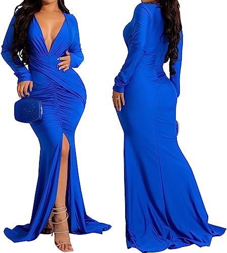 Image of Women's Elegant Formal Mermaid Maxi Dress Off Shoulder Long Sleeve Wedding Split Evening Gown Prom Cocktail Party Dresses
