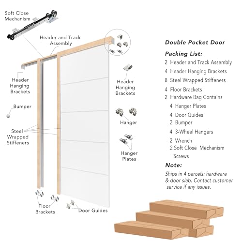 Image of 56 inch x 80 inch Pocket Door with Frame & Track Kit, 5-Panel Textured Sliding Interior Pocket Door, Soft Close Hardware, Lightweight Waterproof PVC Pocket Doors
