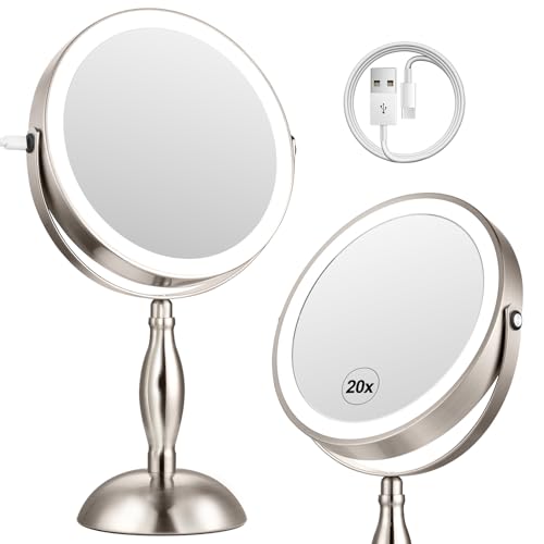 DASLAVA 20x Magnifying Mirror with Light, Lighted Makeup Mirror with 3 Color Modes and Adjustable Brightness, Side Charging Port & SideTouch Sensor, 360° Rotation -Brushed Nickel