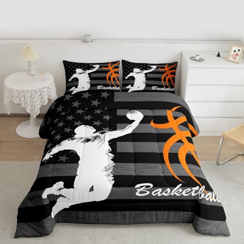 Image of Feelyou Basketball Player Comforter Set Full Size American Flag Bedding Set for Kids Boys Girls Gaming Sports Duvet Quilt Bedroom Decor Microfiber 3 Pcs with 2 Pillow Cases