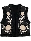 Yimoon Chaleco vintage con bordado floral para mujer, casual, frente abierto, sin mangas (negro-L), Negro -, Large
