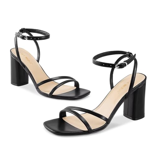 Image of wetkiss Womens Sandals Chunky Strappy Heels Square Open Toe Ankle Buckle Comfort Dress Party Shoes