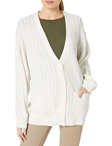 Lacoste Womens Long Sleeve V-Neck Long Chunky Cable Knit Cardigan Sweater, Flour White, M