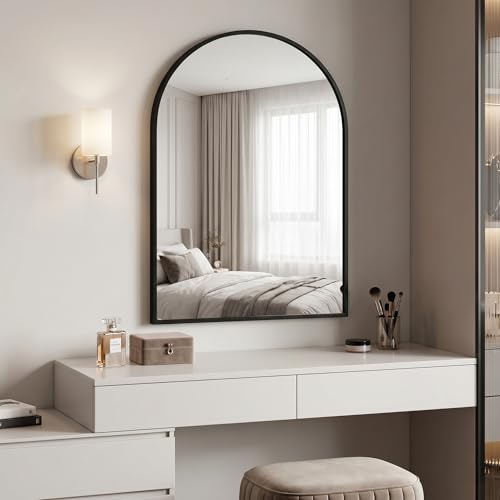 Image of BEAUTYPEAK 20 inchx28 inch Arch Bathroom Mirror, Wall Mounted Vanity Metal Frame Mirror for Bedroom, Entryway, Living Room, Black