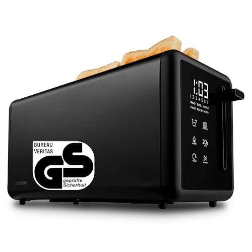 MEDION Grille-pain 4 tranches avec support à petits pains (7 niveaux, 5 programmes, 1.450 W, 2 longues fentes, décongélation, réchauffage, inox mat, MD12103) noir