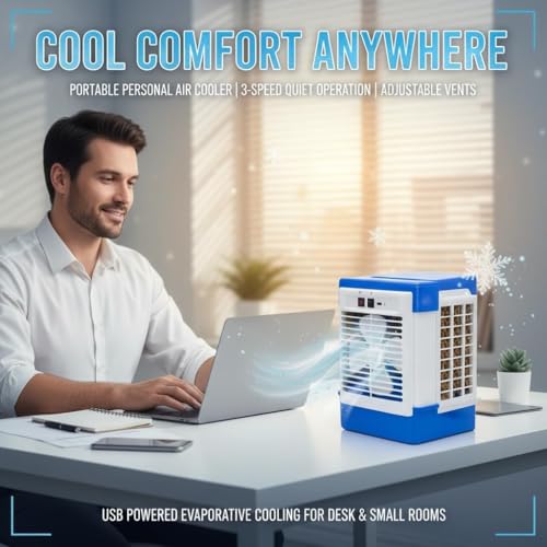 Image of Drumstone (3 years warranty) Compact Personal Desktop Air Cooler and Humidifying Fan for Office Desks and Bedside Tables, USB Powered, 3 Speed Modes, Lightweight Portable Cooling Solution