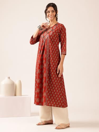 Image of Vbuyz Women's Floral Print A-Line Cotton Stitched Kurta