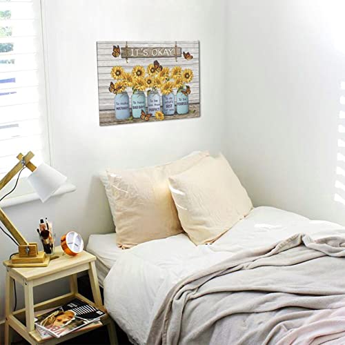 Wallohere Sunflower Canvas Wall Art Rustic It Okay Inspirational Quotes Print Decor Farmhouse Butterfly Painting Picture Artwork Home Decoration For Kitchen Bedroom Living Room Framed 16 * 20 Inch #TOP4