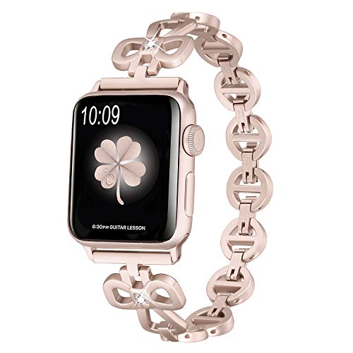 Secbolt Stainless Steel Bands Compatible Apple Watch Band 38mm 40mm iWatch Series 5, Series 4, Series 3, Series 2, Series 1, Shamrock Link with Diamond Women Girls, Champagne Gold