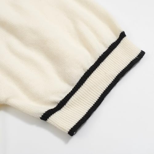 Men's Retro White Knitted Poloshirt, 1960s Mod Vintage Animal Pattern Polo V-Neck Cotton Short Sleeve4