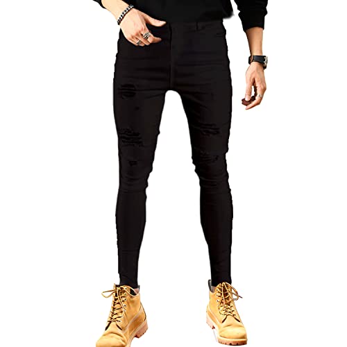 Men's Slim Fit Stretch Distressed Destroyed Ripped Skinny Moto Biker Jeans Multi Pocket Denim Cargo Pants