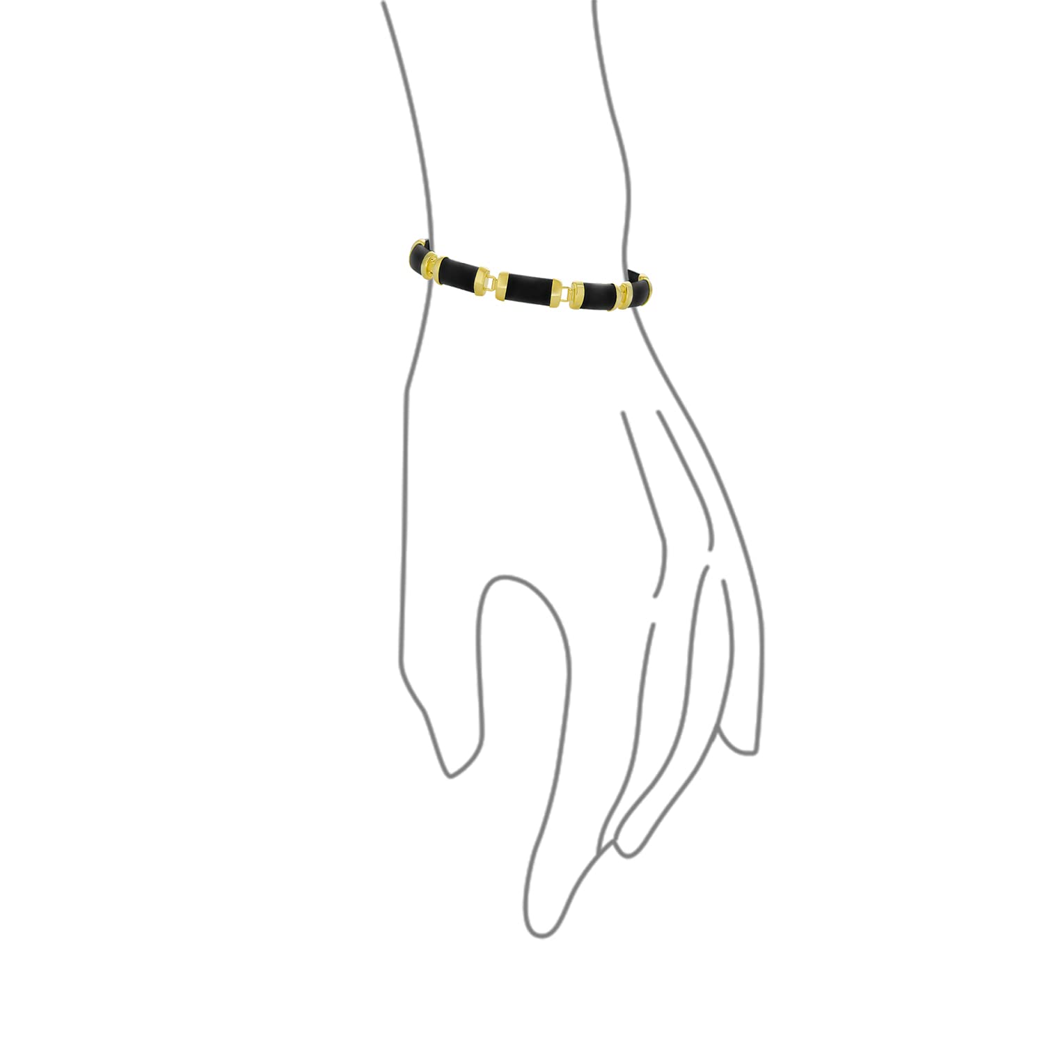 Pulsera de estilo asiático con piedras preciosas de ónix negro genuino, jade multicolor amarillo, rojo, blanco y verde, con eslabones de barra contorneada para mujer, chapada en oro amarillo de 14K,