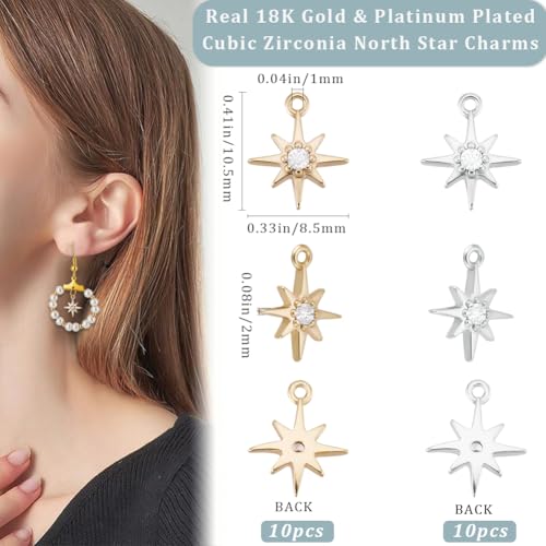 Beebeecraft 1 Box 20Pcs North Star Charms 18K Gold&Platinum Plated Brass Cubic Zirconia Micro Pave Pentagram Pendant Small Stars Charms for Jewelry Making Earrings Bracelets Necklaces DIY Crafts - Image 2
