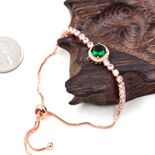 Image of Rose Plated Gold Brass Box Chain Cubic Zirconia Classic Tennis Slider Adjustable Bracelet, Round Big Zircon Charm Give Woman Mom Mother's Day Fashion Crystal Gift