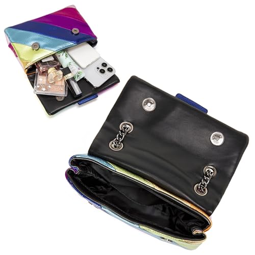 Image of Rejolly Rainbow Stripe Crossbody Shoulder Bag for Women Color Blocking PU Leather Colourful Purse with Chain Strap | PU Leather, with Chain Strap