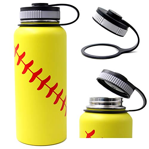 32 oz Softbal Waterfles, Flessen Sport met 2 Deksels 18/8 RVS Tumbler Dubbelwandige Vacuüm Geïsoleerd Warm/Koud (32 Oz, Geel Softbal) - Image 4