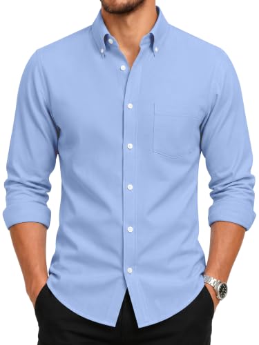 GIANZEN Light Baby Blue Shirt Button Down Men Dress Mens Collar for Long Sleeve Oxford Shirts Men's Casual Big and Tall Light Blue Size XL