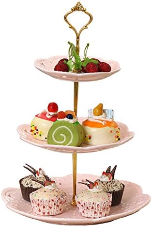Jusalpha 3-Tier Pink Porcelain Cake Stand/Cupcake Stand/Dessert Stand/Tea Party Pastry Serving Platter/Food Display, Stand, Comes in a Gift Box- Free Sugar Tong, Pink
