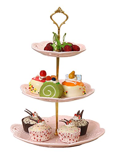 Jusalpha 3-Tier Pink Porcelain Cake Stand/Cupcake Stand/Dessert Stand/Tea Party Pastry Serving Platter/Food Display, Stand, Comes In A Gift Box- Free Sugar Tong, Pink #TOP4