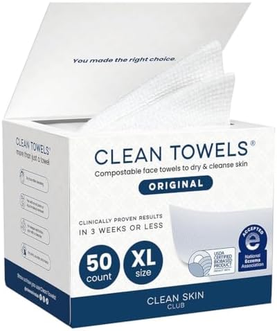 Clean Skin Club Clean Towels XL®, 100% USDA Biobased Face Towel, Disposable Face Towelette, Eczema Association Accepted, Makeup Remover Dry Wipes, Ultra Soft, 1 Pack, 50 Ct