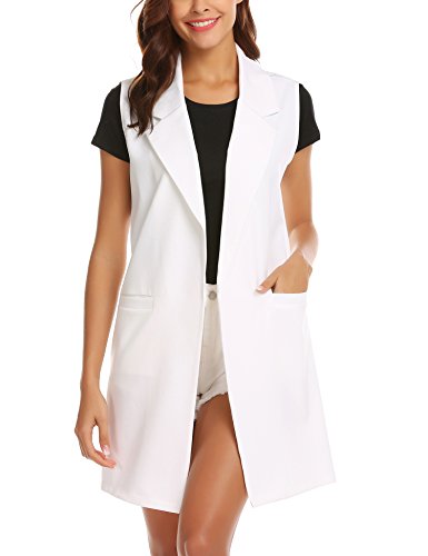 Showyoo Women's Long Sleeveless Duster Trench Vest Casual Lapel Blazer Jacket Pure White M