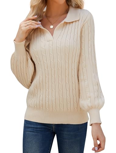 Justfashionnow Fall Sweaters For Women Trendy V Neck Collared Sweaters For Women Dressy Casual Warm Winter Sweaters Long Sleeve Tops-Apricot-M thumb #1