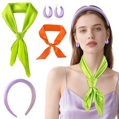 CHONGQILAO Cerchietti per Capelli Viola Fasce Capelli Donna, Cerchietto Viola Orecchini, Verde Sciarpa Quadrata in Raso Foulard Seta Arancione, Accessorio per Costumi di Carnevale Halloween Cosplay