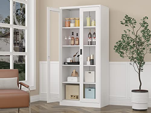 Afaif Curio Cabinet Glass Display Cabinet With Glass Door & 4 Adjustable Shelves, 71" Tall Metal Storage Cabinet,Freestanding White Bookshelf Bookcase Liquor Cabinet For Home Office Living Room Pantry #TOP1