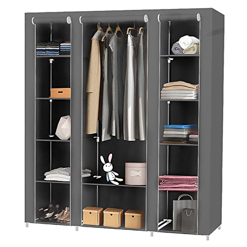 Armario Tela Plegable– Guardar Ropa Organizador de Textil Tela Portátil con Cremallera y Barra de Armario per Colgar –...