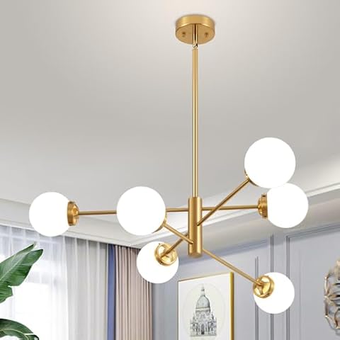 Deyidn Sputnik Chandelier, Gold Modern Chandeliers, Mid Century Ceiling Lighting Fixture 6-Lights with Milk White Glass Shade for Living Room, Kitchen, Bedroom, Dining Room, and Farmhouse Cover