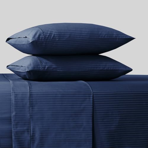 Image of Feather & Stitch 500 TC Split King Size Bed Sheet Set, 100% Cotton Soft Breathable Bedsheets, 5 Piece 18 inch Deep Pockets Sateen Weave Striped Bedding Mattress Resort Hotel Luxury - (Dark Blue Stripe)