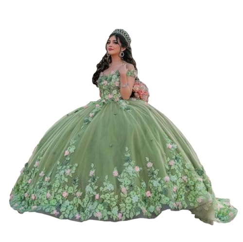 Pink and Green Hand Made Flowers Floral Lace Quinceanera Dresses Off The Shoulder Sweet 16 Dress Ball Gowns 2025