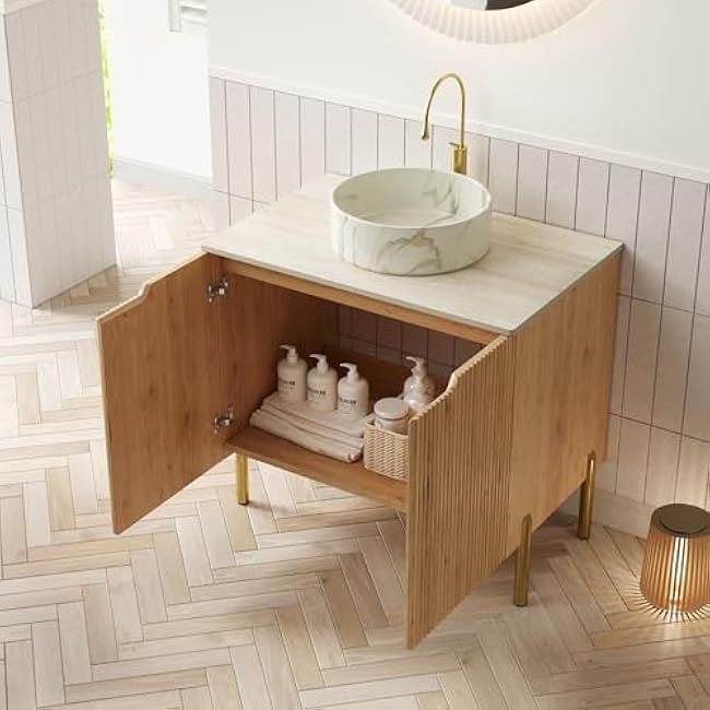 30 Bathroom Vanity with Ceramic Sink, Freestanding Bathroom Storage Cabinet with 2 Doors and Carrara White Sintered Stone Counter Top, with Sink Hole Cover and Drain (Wood)