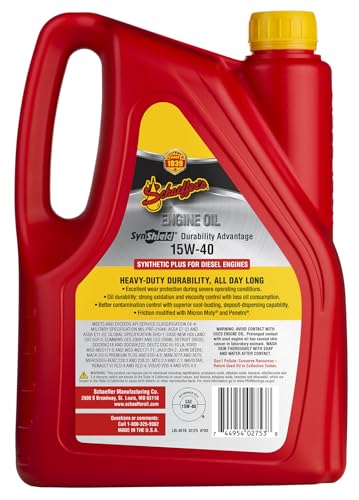 Schaeffer Manufacturing Co. 0700CK4-006S SynShield Durability Advantage 15W-40 Diesel Engine Oil, 1-Gallon Bottle