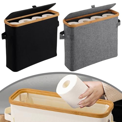 Panier pour rouleaux de papier toilette avec couvercle boîte de rangement bois et tissu gris - 3