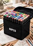 Kit de 60 Canetas Marcador Permanente Ponta Dupla Coloridas para Desenho Profissional Escolar Infantil com Estojo Organizador Base Artista Canetinhas Hidrográficas Alcool Caneta para Colorir