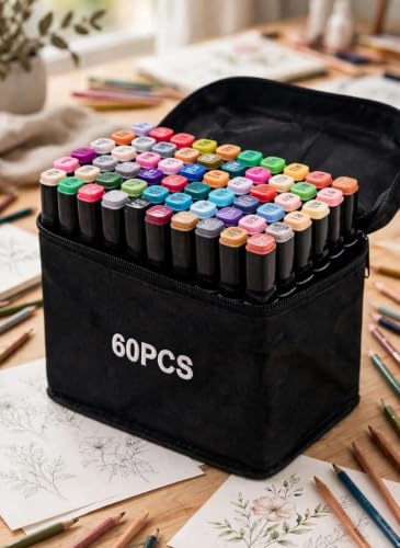 Kit de 60 Canetas Marcador Permanente Ponta Dupla Coloridas para Desenho Profissional Escolar Infantil com Estojo Organizador Base Artista Canetinhas Hidrográficas Alcool Caneta para Colorir