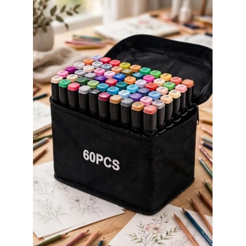 Kit de 60 Canetas Marcador Permanente Ponta Dupla Coloridas para Desenho Profissional Escolar Infantil com Estojo Organizador Base Artista Canetinhas Hidrográficas Alcool Caneta para Colorir
