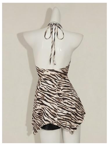 MakeMeChic Women's Halter Tops Zebra Print Backless Deep V Neck Summer Flowy Camisole Top2