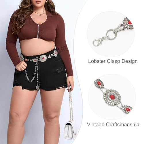 Image of WHIPPY Women Concho Chain Belt Metal Link Western Cowgirl Turquoise Chain Belt for Dress