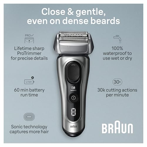 Image of Braun Series 8 Electric Razor for Men, with 4+1 Shaving Elements & Precision Long Hair Trimmer, Close & Gentle Even on Dense Beards, Wet & Dry Electric Razor with 60min Runtime, 8517s Galvano Silver