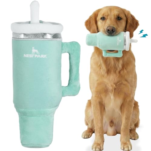 Nestpark Tumbler Cup Funny Dog Toy – Parody Plush Squeaky Crinkle Dog Toy (Seafoam Green)