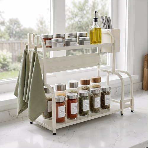 AGVOTK 2 Tier Bathroom Counter Organizer, Narrow Space Saving Metal Shelf with Hooks and Side Basket, Multifunctional Vanity Tray Rack for Makeup, Skincare, Spice and Kitchen Storage, White by AGVOTK - Image 5