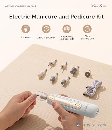 MelodySusie Cordless Pedicure & Manicure Nail Drill Kit, PC760G for Salon-Quality Foot Care for Home & Travel, Rechargeable with 5 Speeds, 8-in-1 Bits, 360° LED Light & Anti-Dust Shield, White — view 2