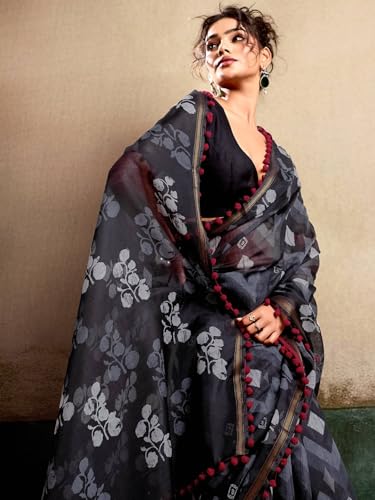 Image of AKHILAM Women's Cotton Printed Saree With Unstitched Blouse Piece