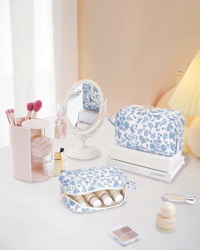 Image of Narwey Cute Makeup Bag Small Toiletry Bag Travel Cosmetic Bag Organizer Make Up Bags with Organized Pockets for Women (Blue Flower, Large)