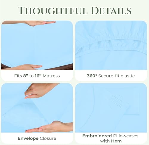 Image of ROYALE LINENS 100% Organic Cotton Full Sheet Set - 16 inch Deep Pocket Bed Sheets - Lake Blue Bed Sheets - Sabanas Full - 1 Flat, 1 Fitted & 2 Pillowcases - Lake Blue Sheet Set - Cotton Bedding Sets