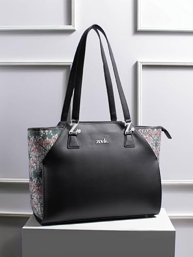 Image of ZOUK Printed Jute Handcrafted Vegan Leather Black Women's Check-point Friendly Classic Business Bag