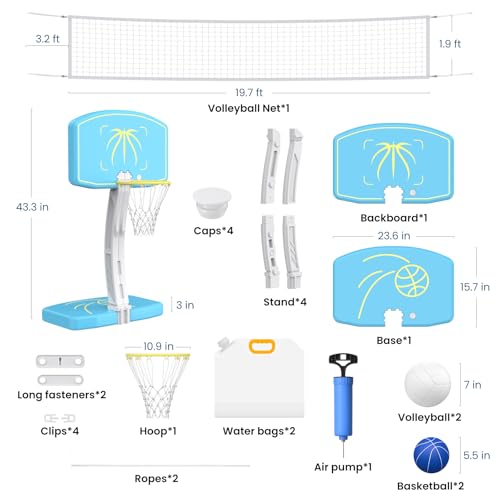 Goregent Pool Basketball Hoop & Pool Volleyball Net Set 2-in-1, Adjustable Volleyball Net for Pool, Stainless Steel Basketball Hoop for Pool, Swimming Pool Games for Summer Party — view 5